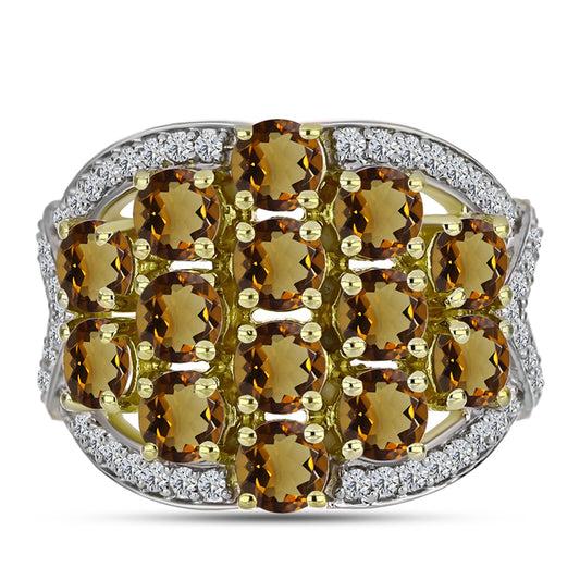 Goldplattierter Silberring mit Cognac-Quarz und weißem Topas