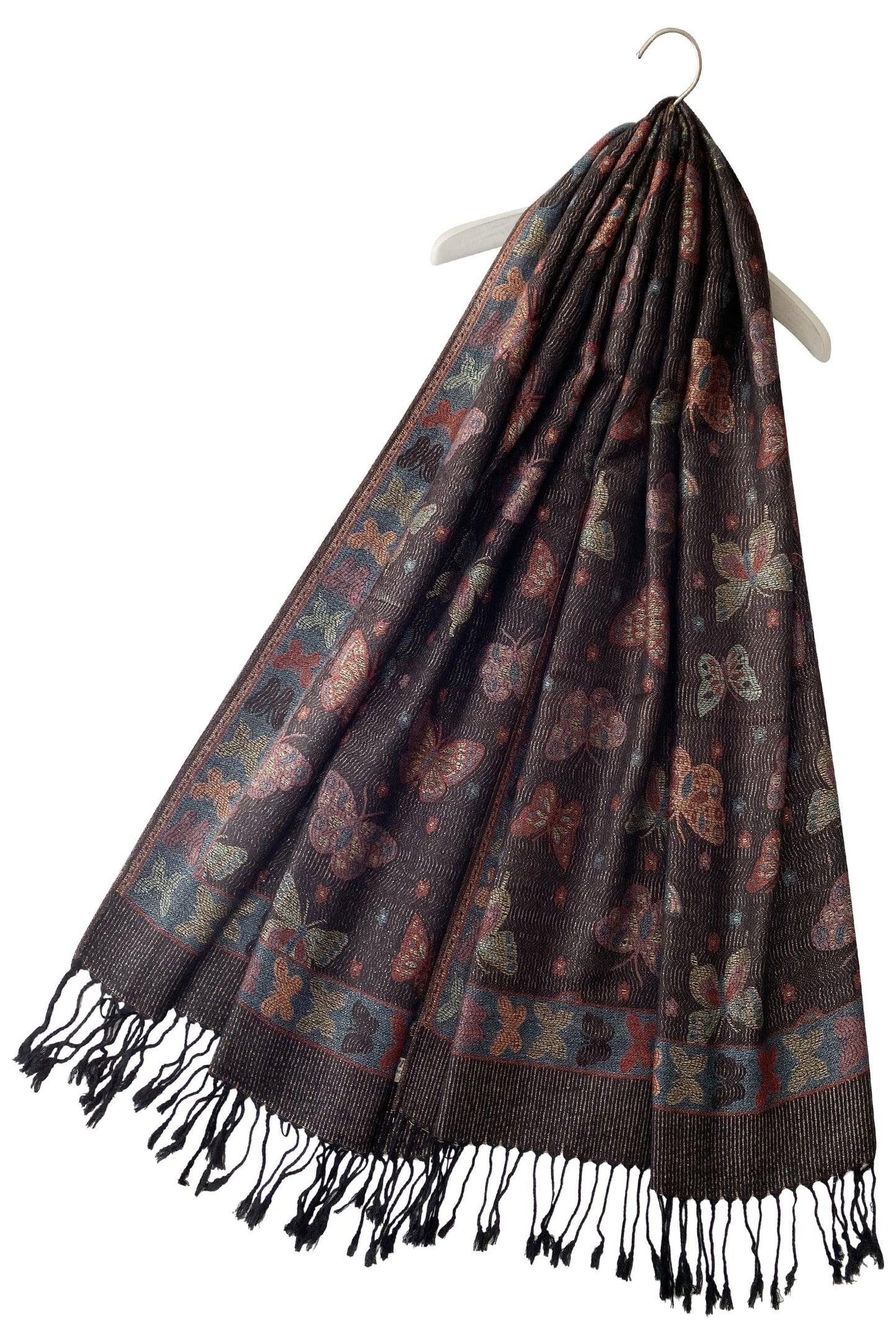 100% Pashmina Cashmere Scarf, 70 cm x 170 cm, Butterfly Patterned Shiny Black, 100% Pashmina