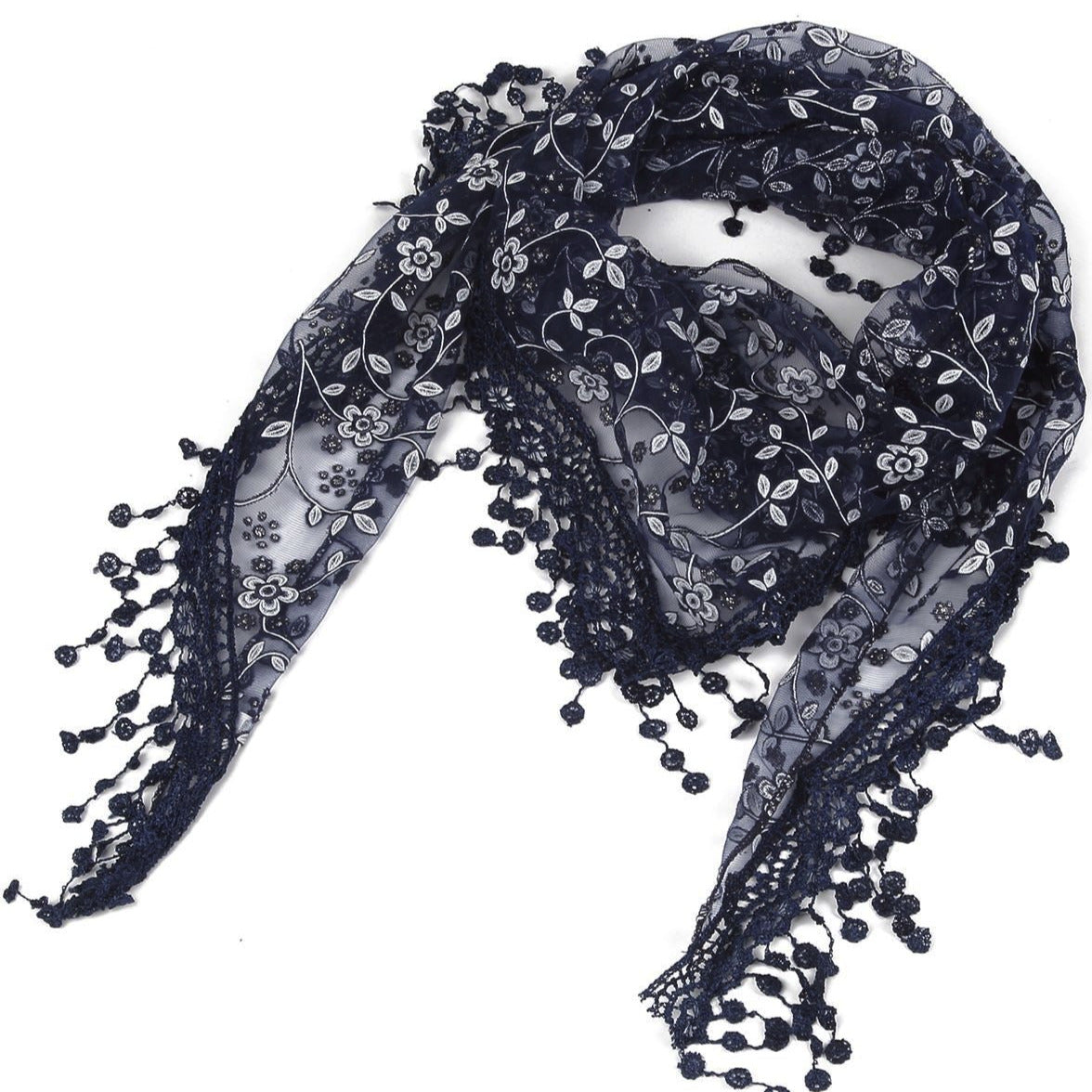Glitter Flower Patterned Triangle Scarf-Shawl, 45 cm x 45 cm x 170 cm, Navy Blue