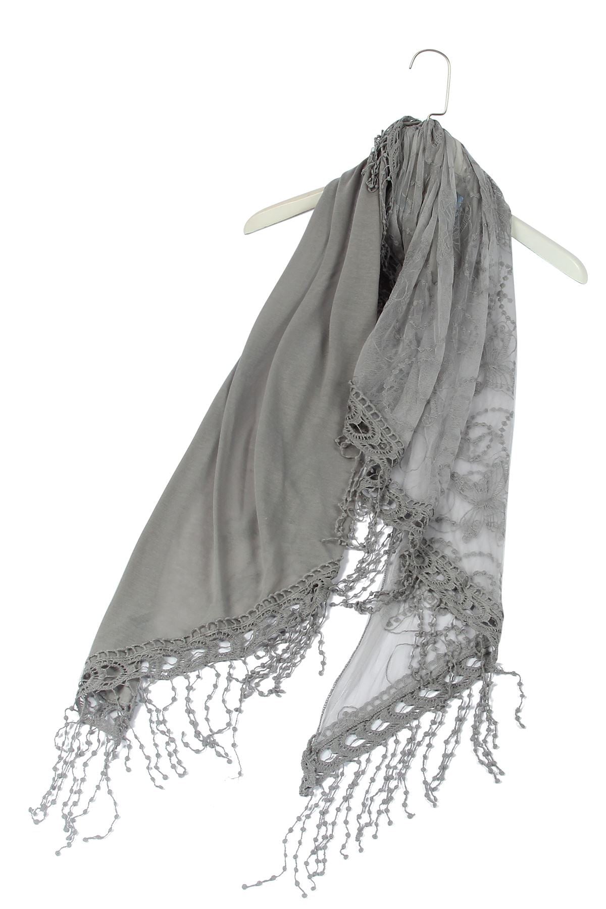 Cotton Trapezoid Scarf-Shawl, 80 cm x 198 cm x 70 cm, Butterfly Lace Patterned, Grey