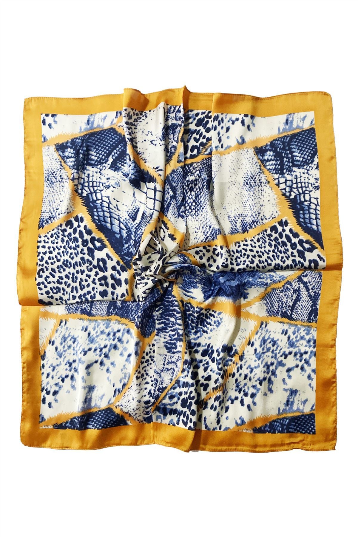 Snake and Leopard Patterned, Blue and Orange Scarf-Shawl, 70 cm x 70 cm
