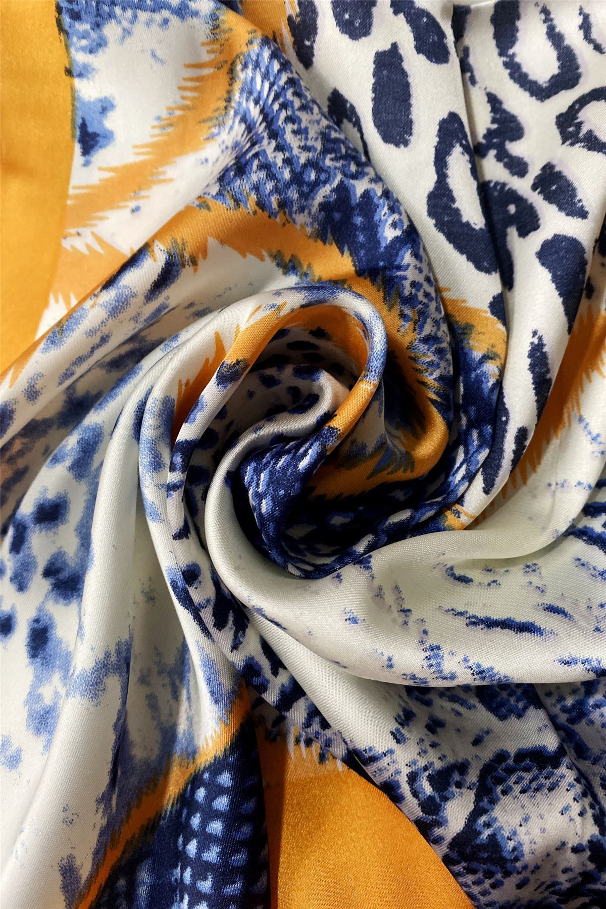 Snake and Leopard Patterned, Blue and Orange Scarf-Shawl, 70 cm x 70 cm