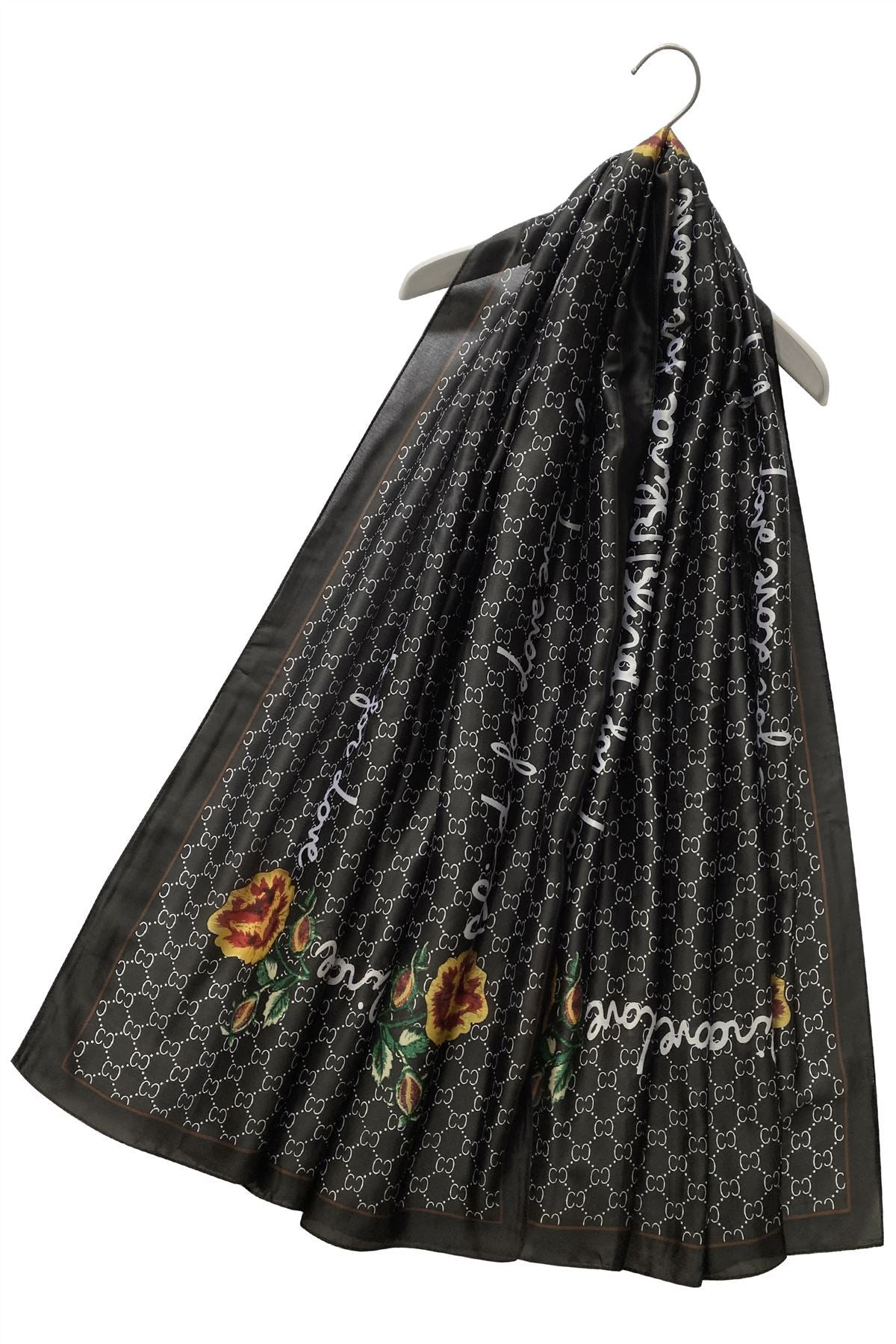 Silk Scarf-Shawl, 90 cm x 180 cm, Diamond Pearl With Fancy Text Border, Black