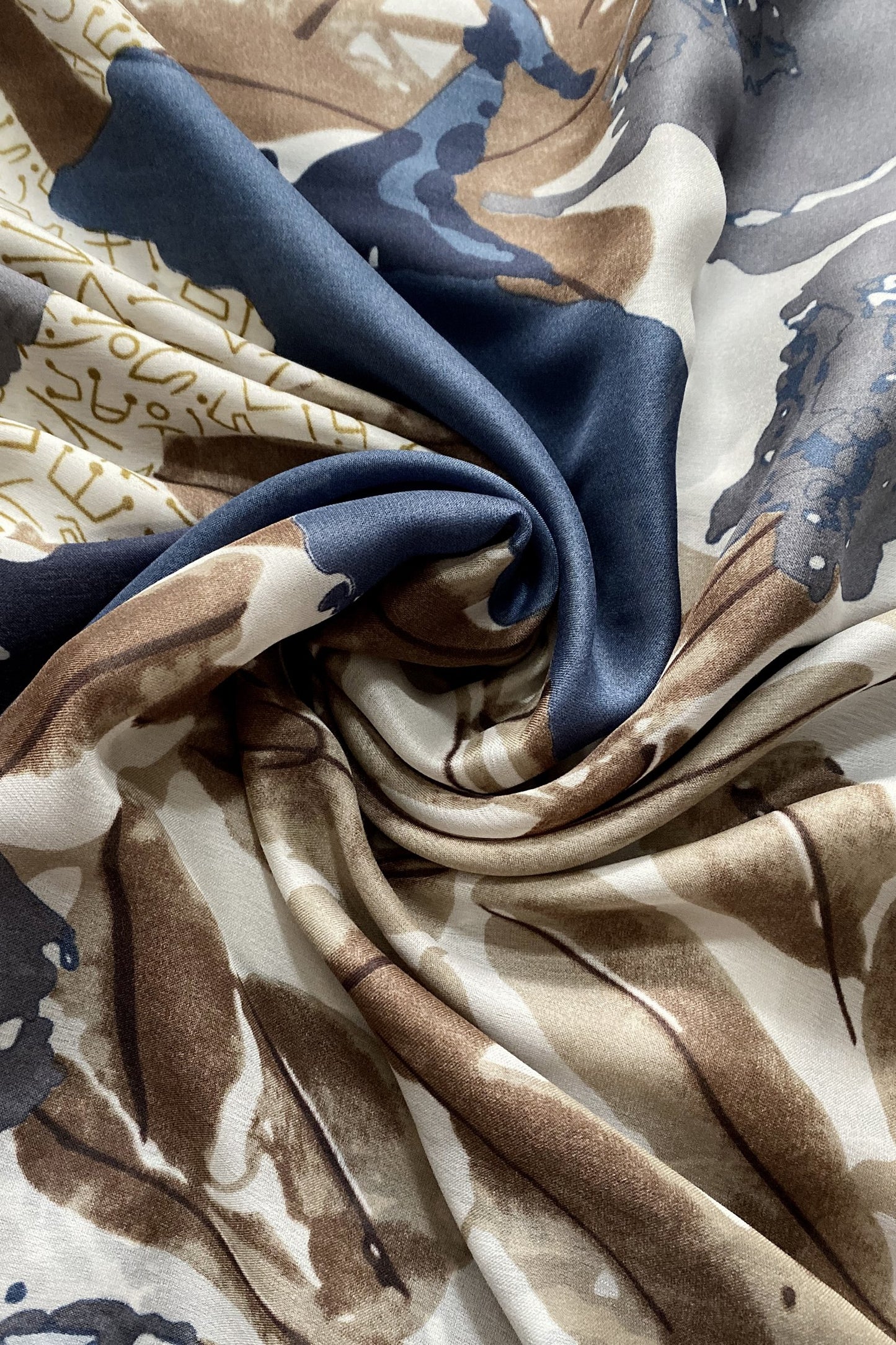 100% Real Silk Scarf-Shawl, 90 cm x 180 cm, Large Floral and Ancient Text Patterned, Navy and Brown