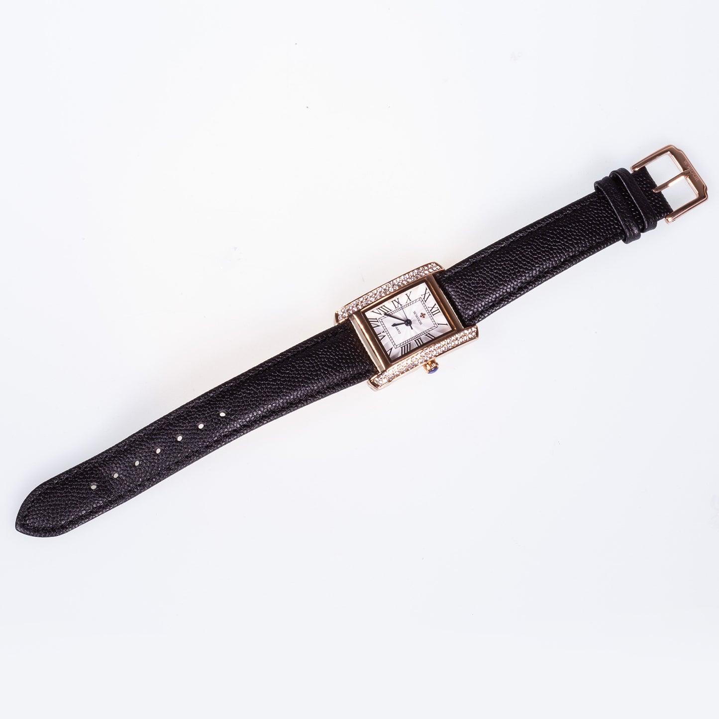 YELLOW gold colour case, black genuine leather band, stainless steel with white zircon watch, 15-19 cm
