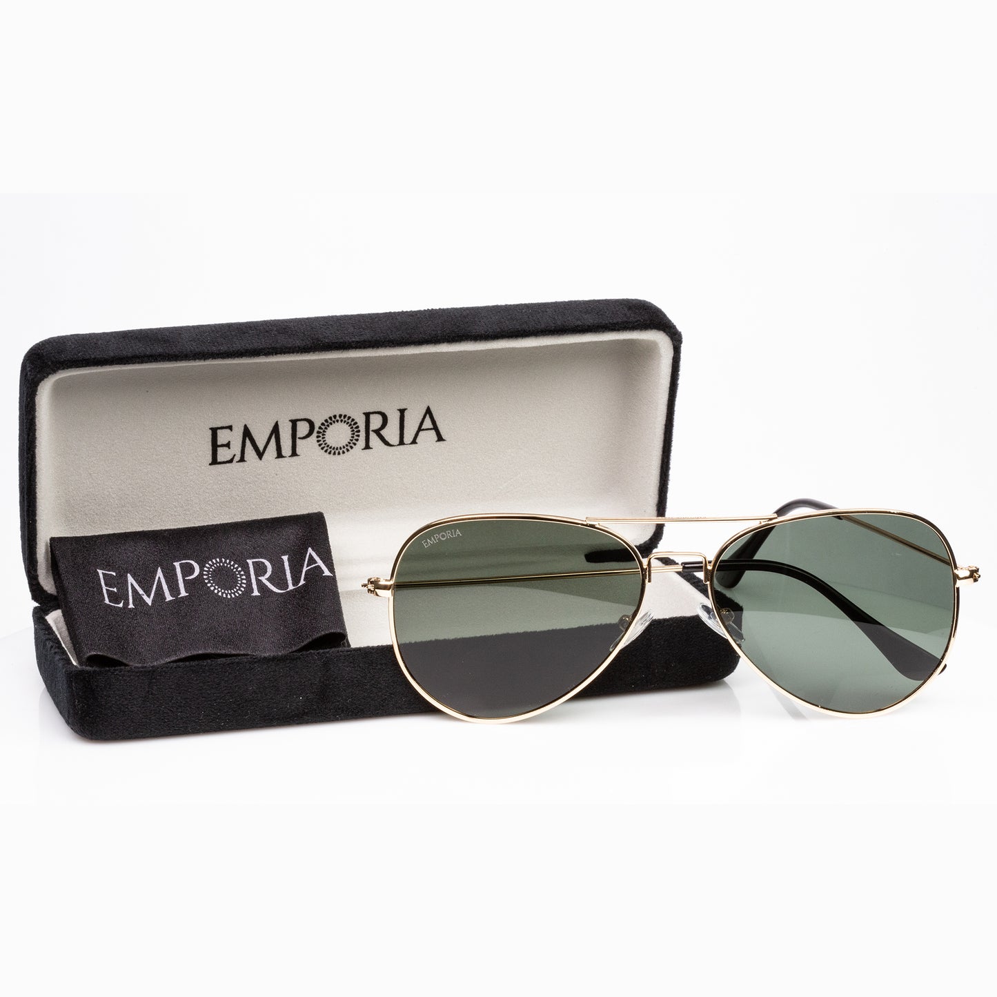 Emporia Italy - Pilot-Sonnenbrille "ORIGINAL" polarisierte Sonnenbrille mit UV-FILTER mit Etui und Brillenputztuch, klassisches dunkelgrünes Glas, goldfarbiger Rahmen