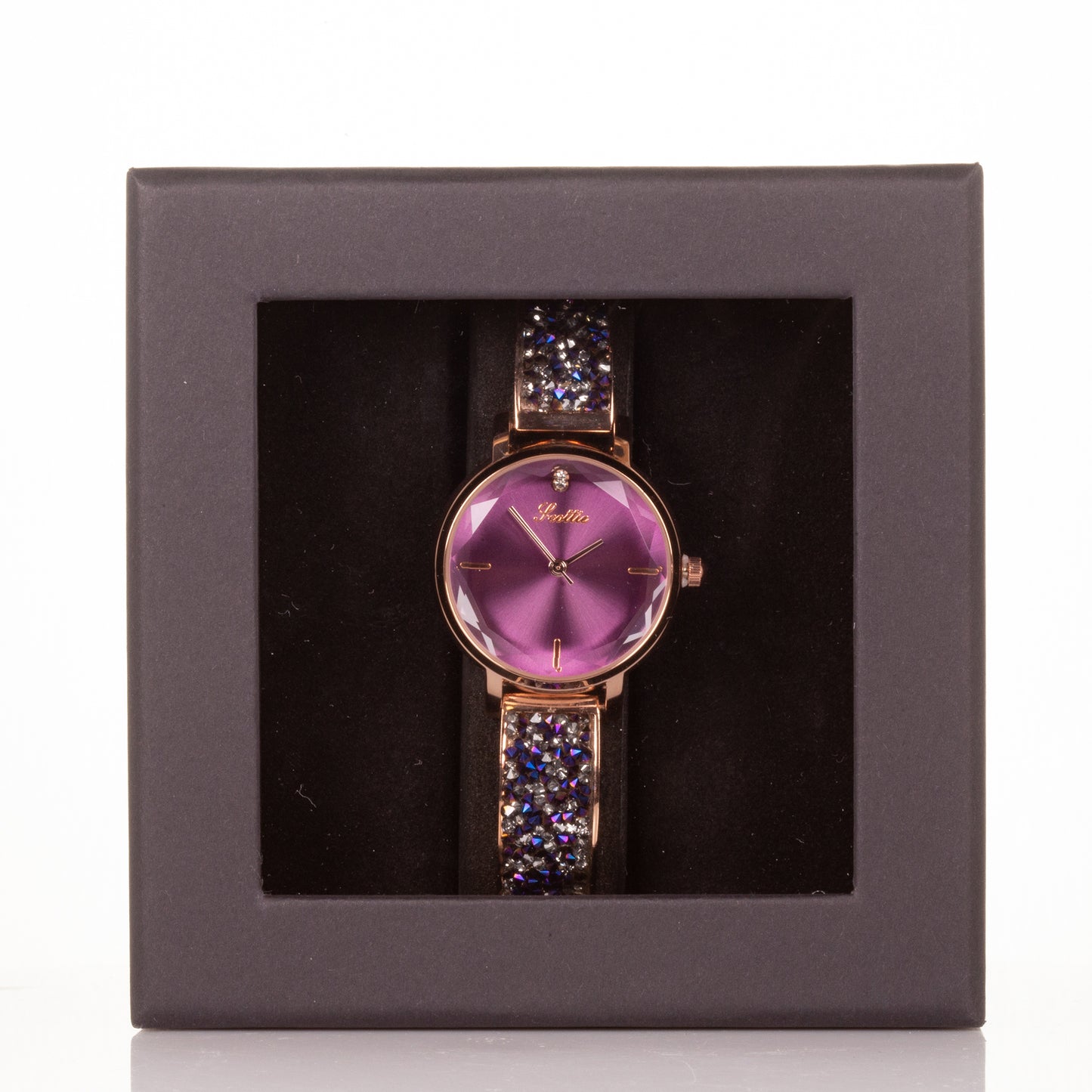 Luxury alloy watch with stones, japanese miyota movement, PURPLE colour dial, with gift box, 19 cm