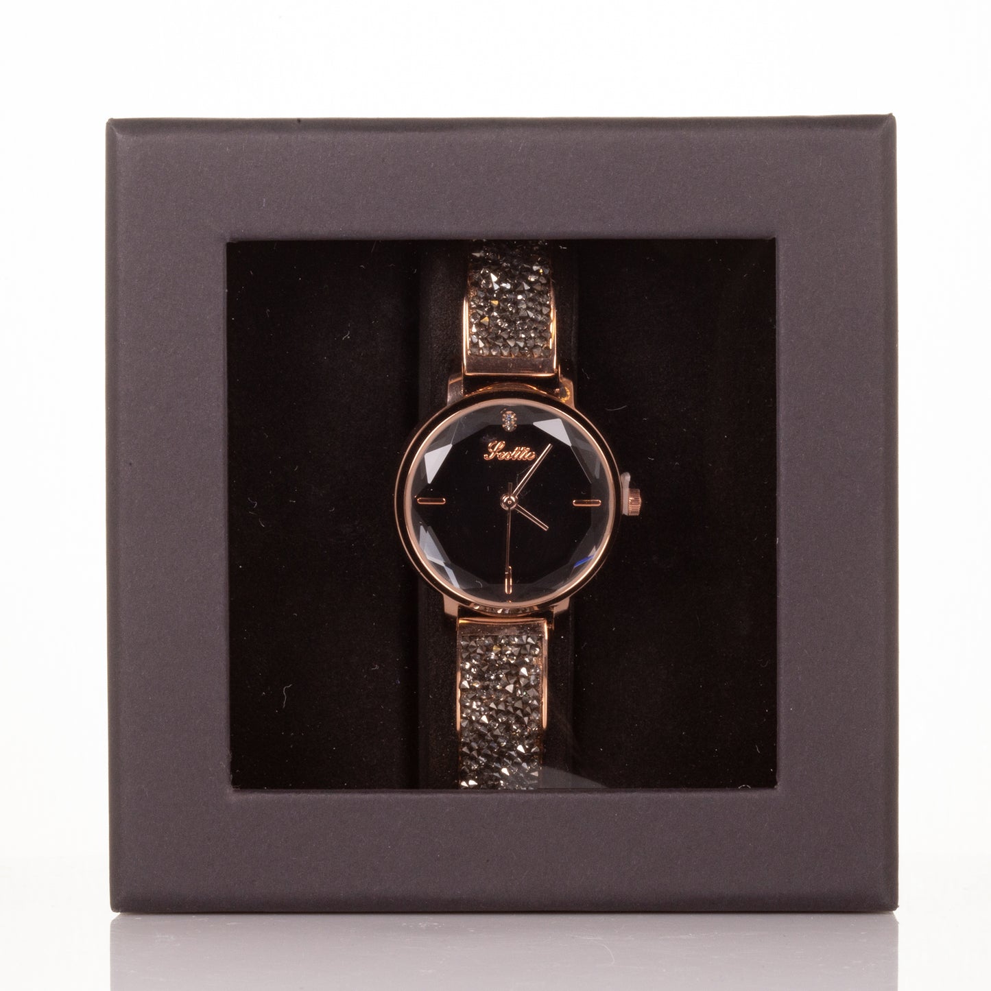 Luxury alloy watch with stones, japanese miyota movement, BLACK colour dial, with gift box, 19 cm