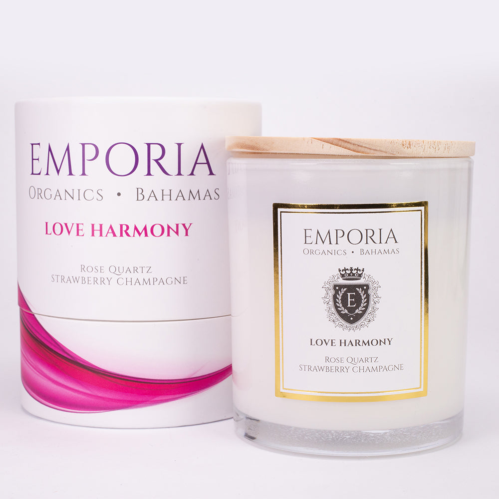 Emporia Organics Duftkerze im Glas: Bahamas - LOVE HARMONY, mit Rosenquarz, Duft: Erdbeere und Champagner, 100% Sojawachs, 230 g