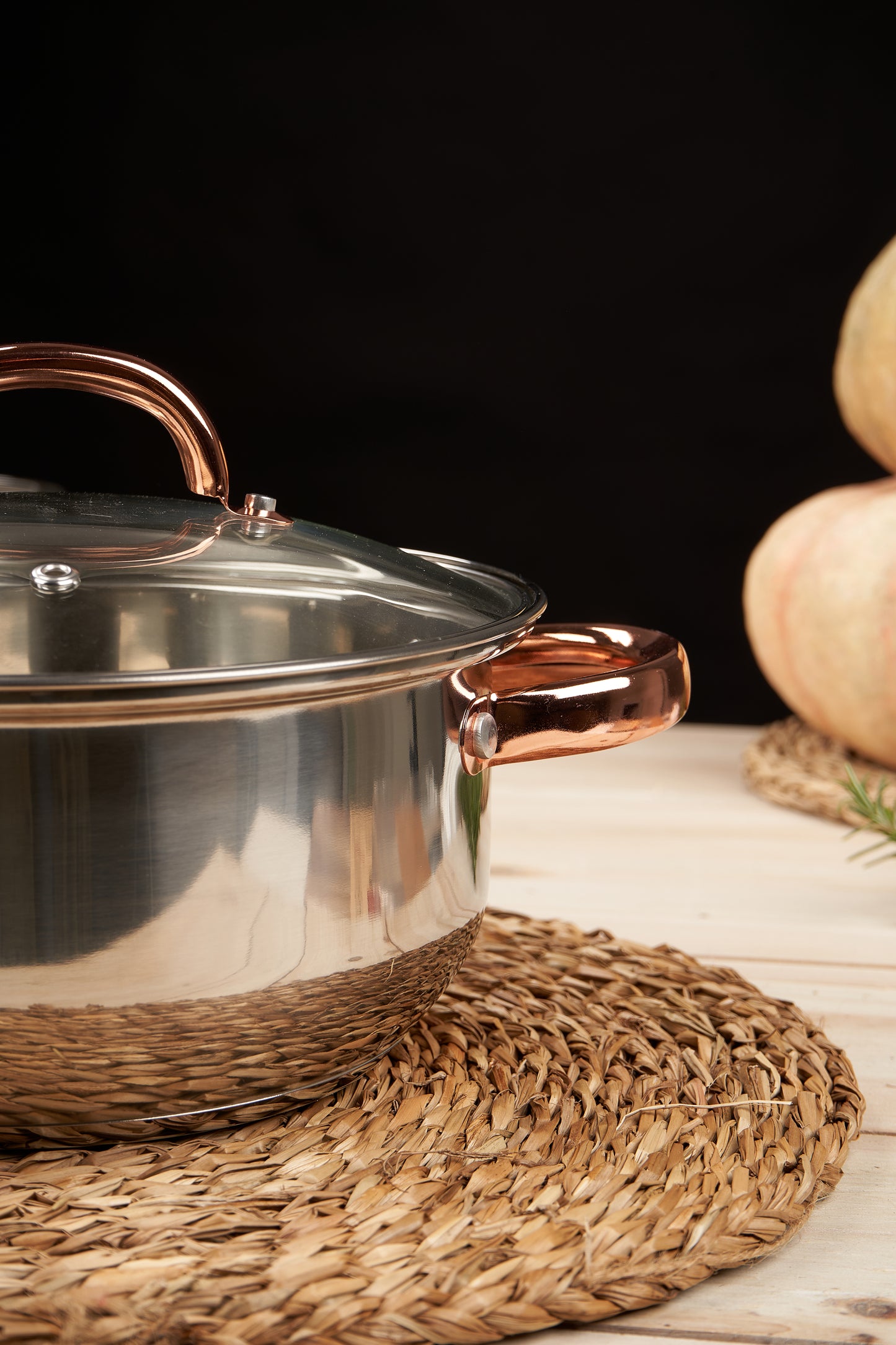 5-teiliges Kochgeschirrset aus rostfreiem Stahl und Glas, silber-rosegoldfarbig