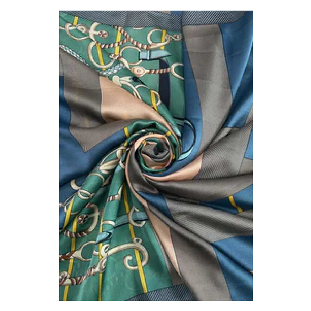100% Seidenschal mit Ketten- und Schnallenmuster, blau, 90x180cm