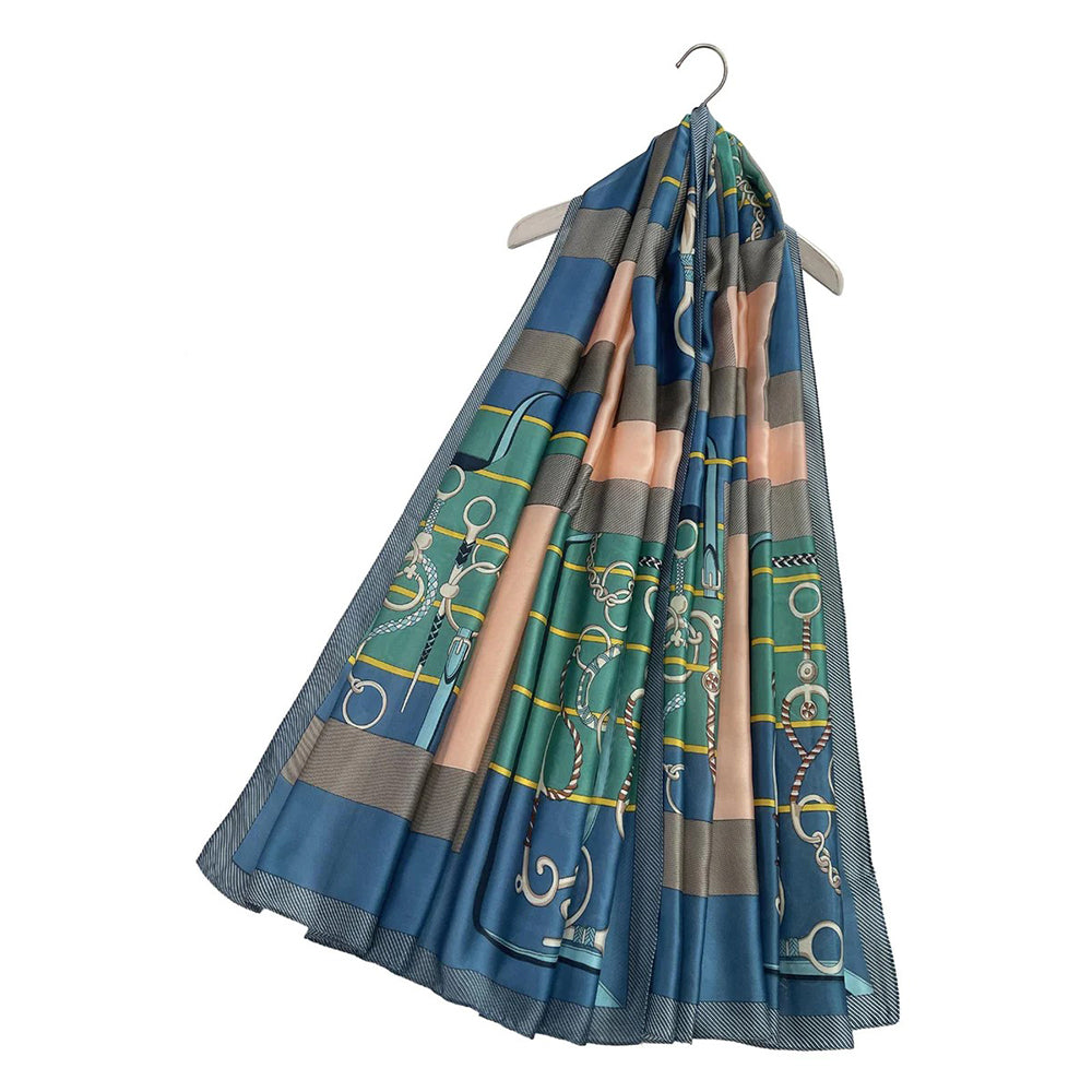100% Seidenschal mit Ketten- und Schnallenmuster, blau, 90x180cm