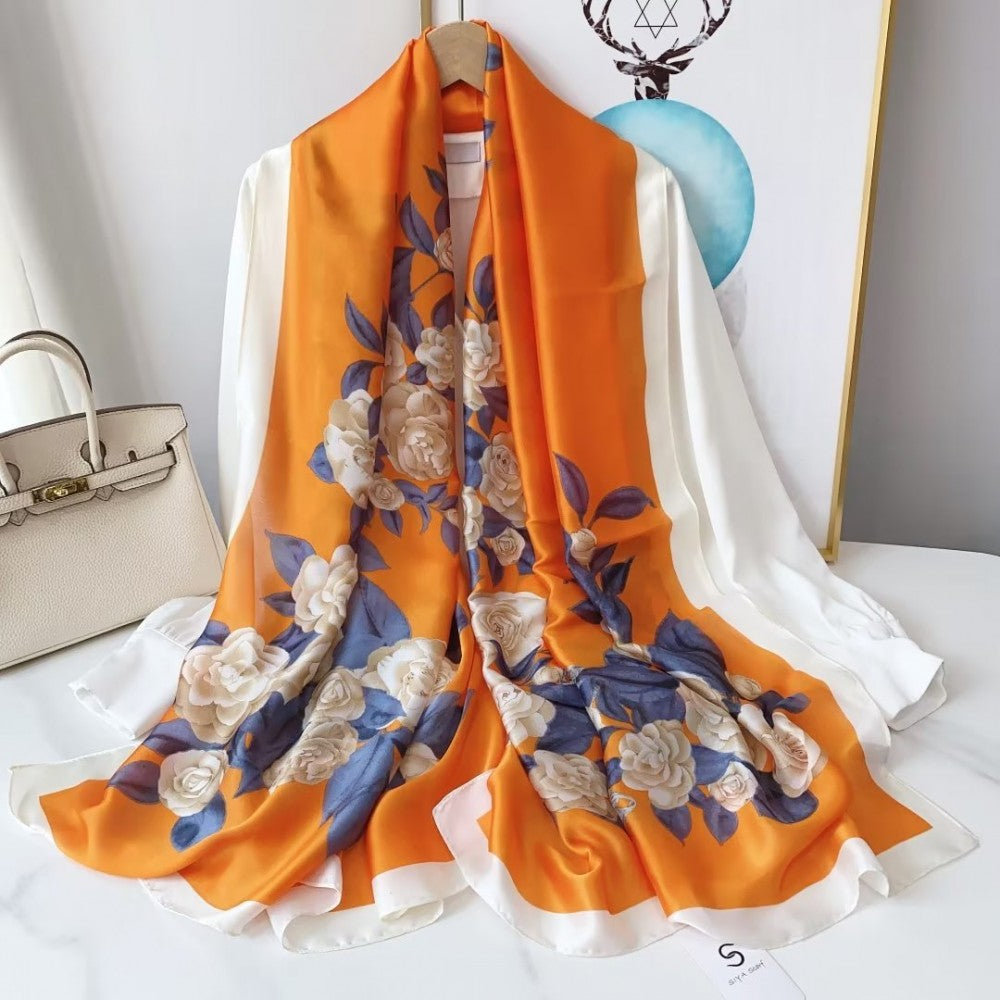 Seidenschal, 90 cm x 180 cm, wahre Liebesblume, orange, 100% Seide