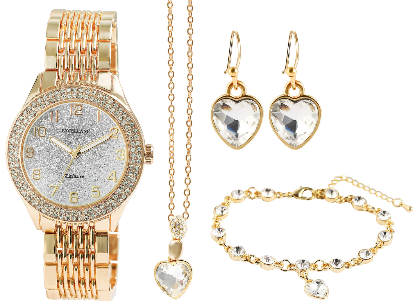 Excellanc women's gift set with wristwatch, bracelet, necklace and earrings; gold tone, with white Emporia crystals