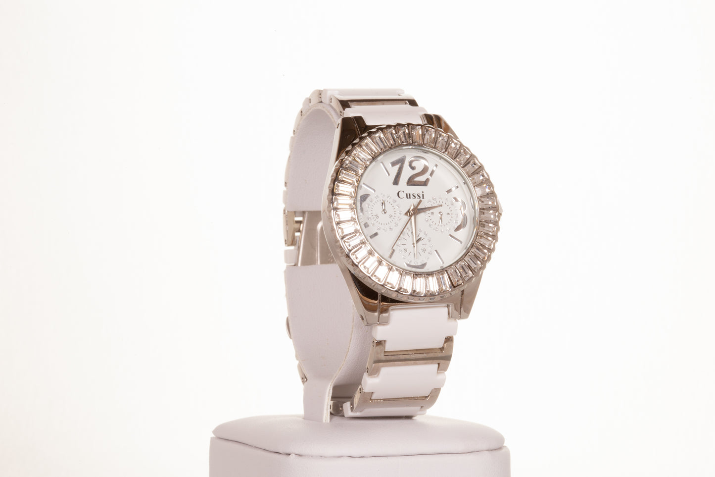 SILVER and white strap woman alloy CUSSI watch with quartz crystals around the dial with Gift box, 17 cm