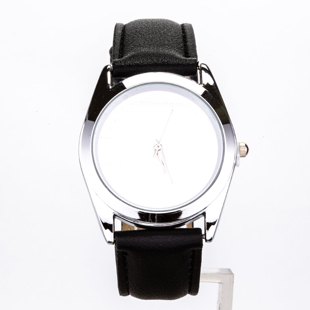 Armbanduhr mit schwarz Armband und weiß Zifferblatt mit einem Gebet
