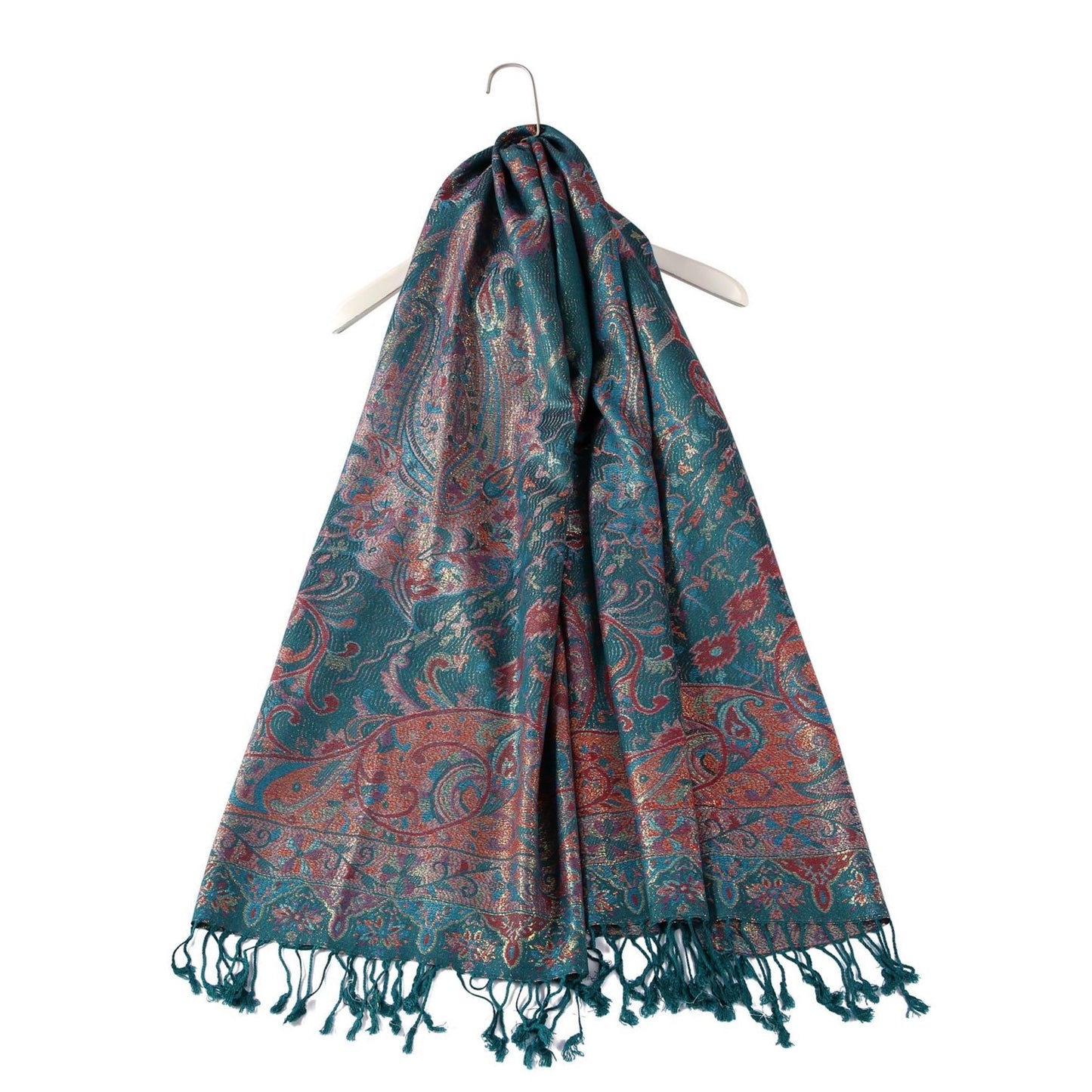 100% Pashmina Cashmere Scarf, 70 cm x 180 cm, Paisley Shiny Teal, 100% Pashmina Cashmere