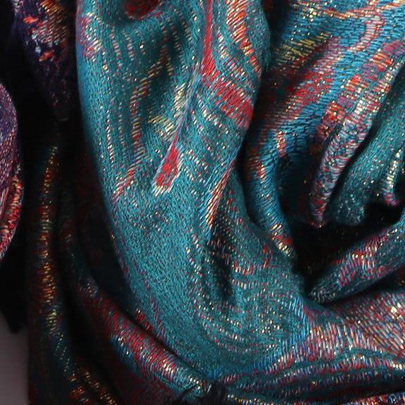 100% Pashmina Cashmere Scarf, 70 cm x 180 cm, Paisley Shiny Teal, 100% Pashmina Cashmere