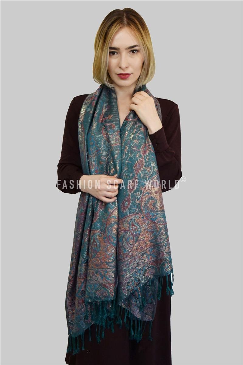 100% Pashmina Cashmere Scarf, 70 cm x 180 cm, Paisley Shiny Teal, 100% Pashmina Cashmere