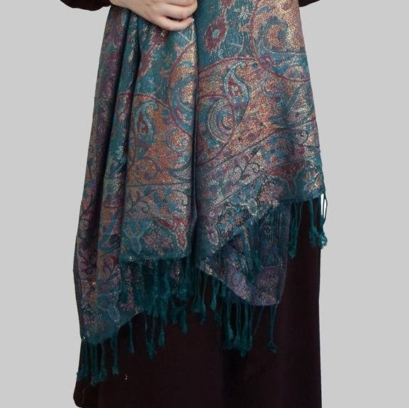 100% Pashmina Cashmere Scarf, 70 cm x 180 cm, Paisley Shiny Teal, 100% Pashmina Cashmere