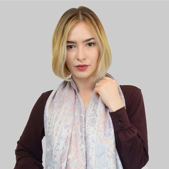 100% Pashmina Cashmere Scarf, 70 cm x 180 cm, Paisley Shiny Rose White, 100% Pashmina Cashmere