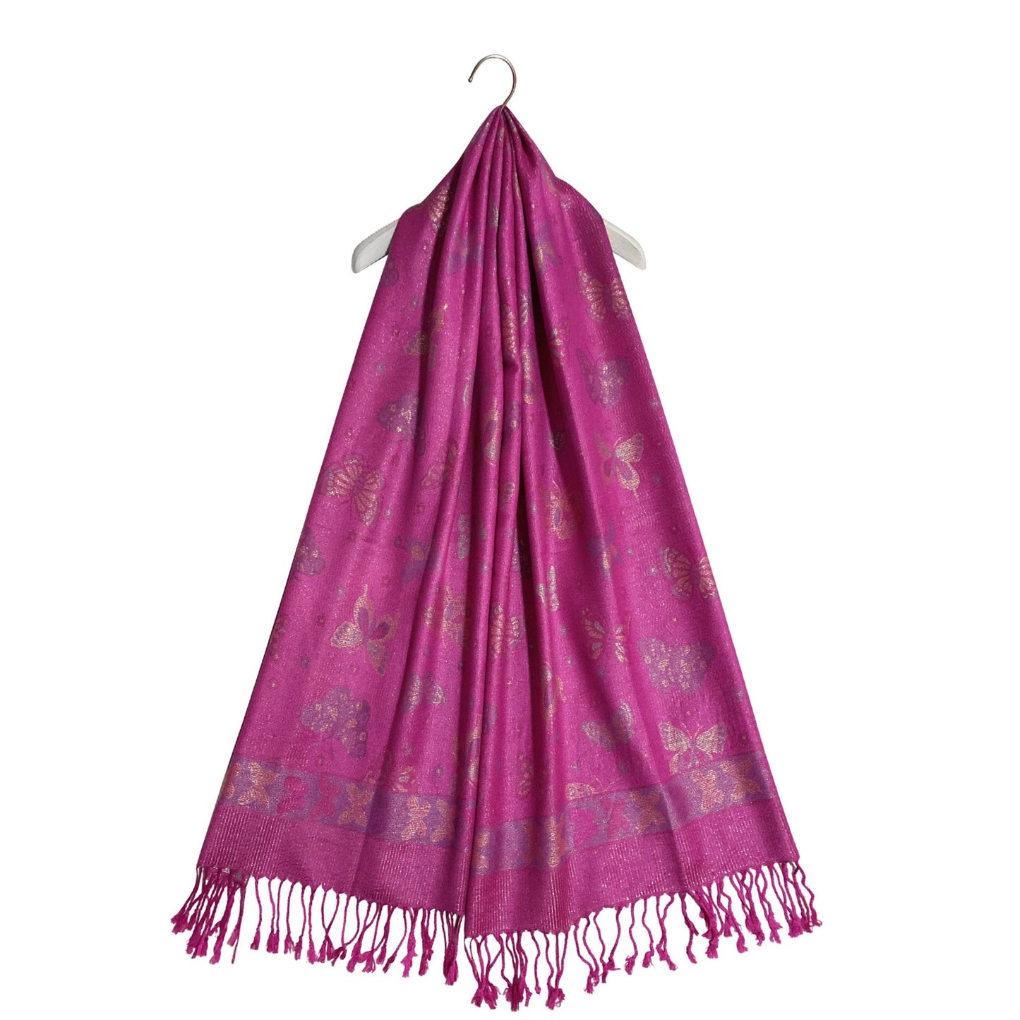 100% Pashmina Cashmere Scarf, 70 cm x 170 cm, Butterfly Patterned Shiny Fuchsia Pink, 100% Pashmina