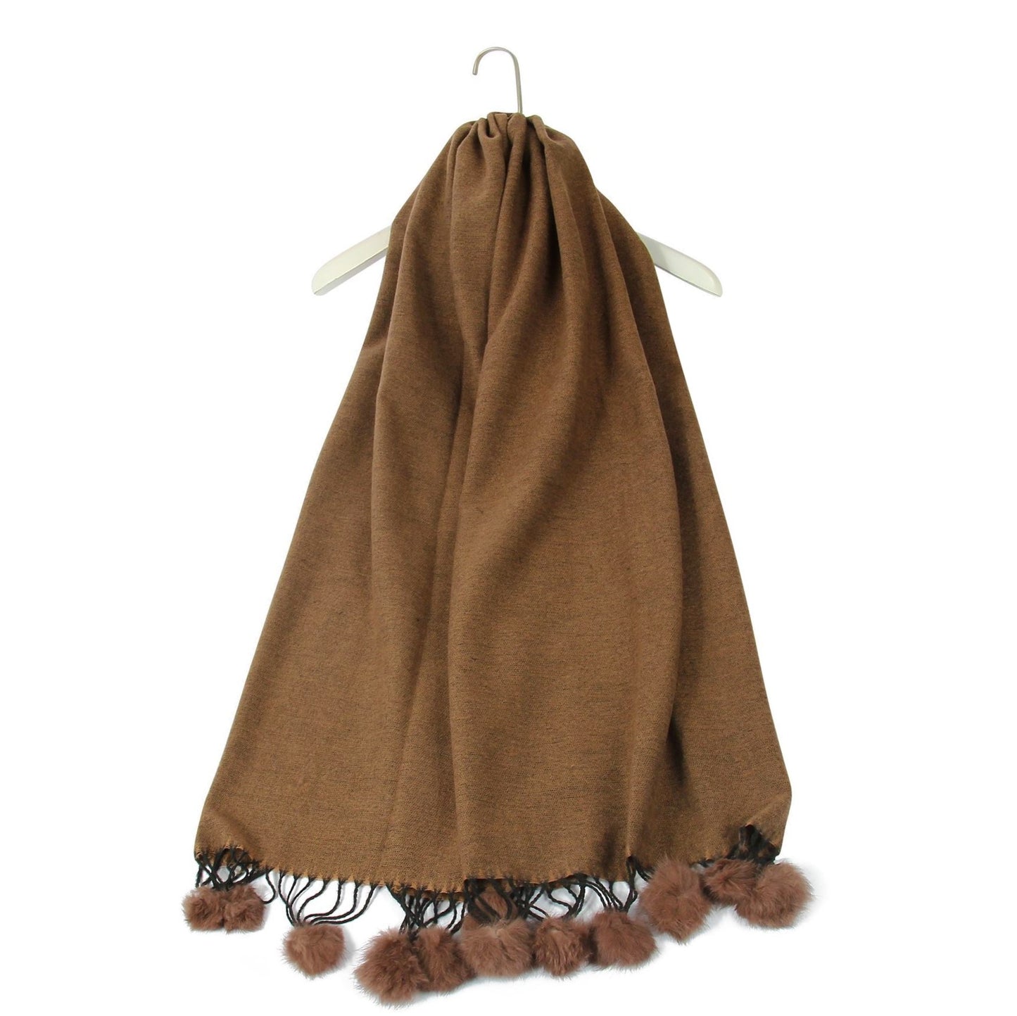 Scarf with Real Fur Pom Pom, 60 cm x 170 cm, Brown, 100% Viscose, Real Fur Pom Pom