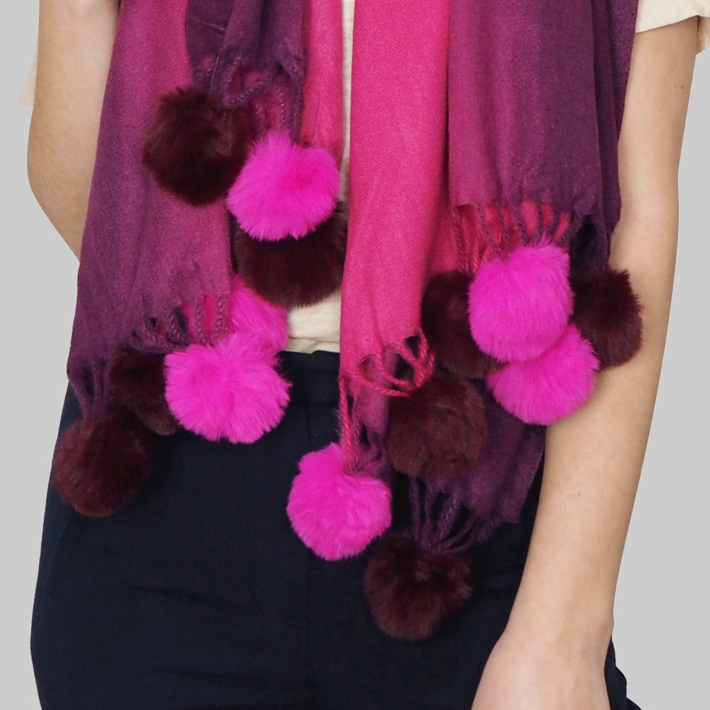 Wool Scarf With Pom Pom, 65 cm x 180 cm, Multicolor Garnet, 30% Wool 70% Acrylic