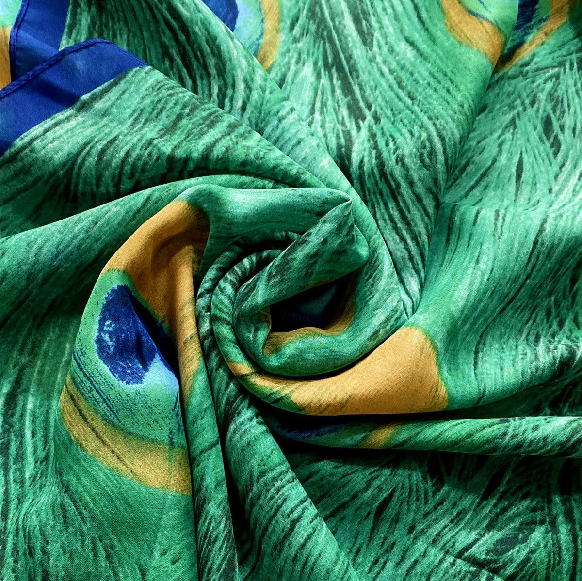 Silk Scarf, 90 cm x 180 cm, Peacock Feather Patterned, Green, 50% Silk 50% Viscose