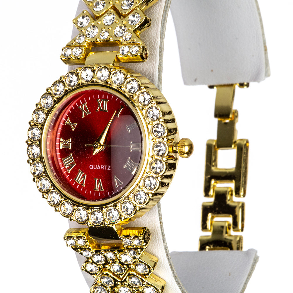 Uhr aus goldplattierter Legierung mit rotem Emporia®-Kristall und weißem Emporia® Kristall 4 