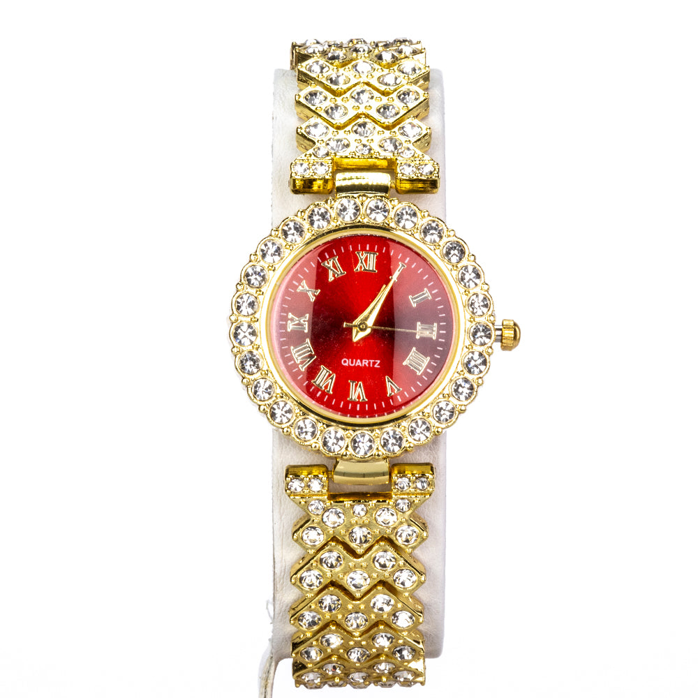 Uhr aus goldplattierter Legierung mit rotem Emporia®-Kristall und weißem Emporia® Kristall 5 