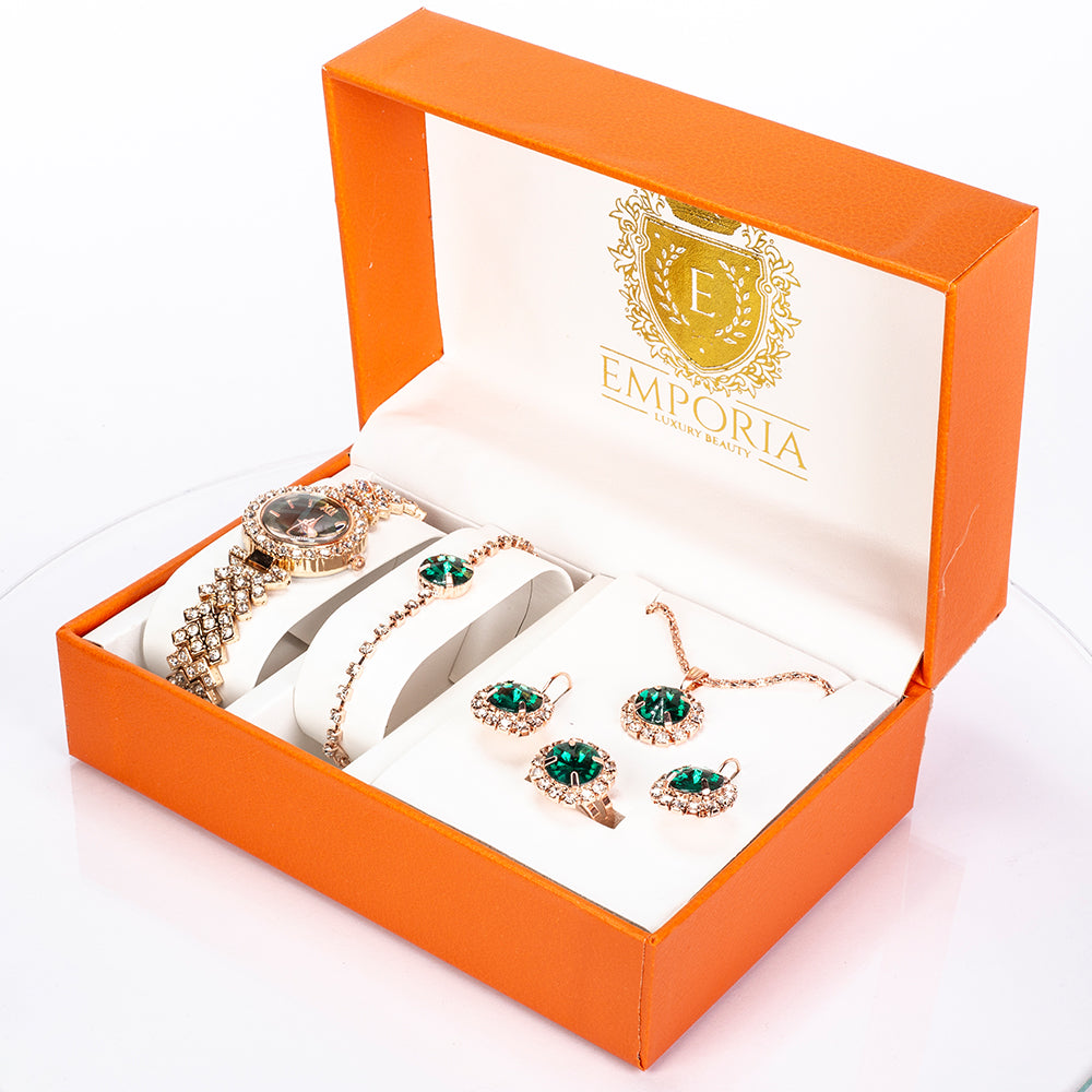 Uhr aus goldplattierter Legierung mit grünem Emporia® Kristall und weißem Emporia® Kristall