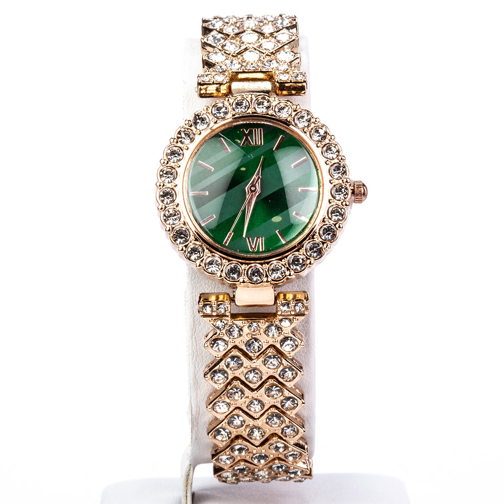 Uhr aus goldplattierter Legierung mit grünem Emporia® Kristall und weißem Emporia® Kristall 9 