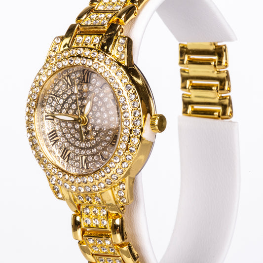 5-teiliges, goldfarbenes Emporia Schmuckset in Premium-Qualität, in einer exklusiven Geschenkbox in Lederoptik (mit Uhr, Armband, Halskette, Ohrringen und Ring, mit weißem Emporia-Kristall)