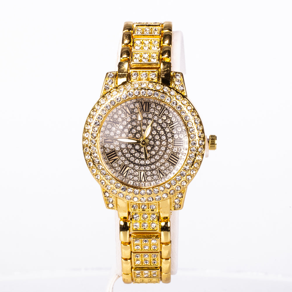 5-teiliges, goldfarbenes Emporia Schmuckset in Premium-Qualität, in einer exklusiven Geschenkbox in Lederoptik (mit Uhr, Armband, Halskette, Ohrringen und Ring, mit weißem Emporia-Kristall)