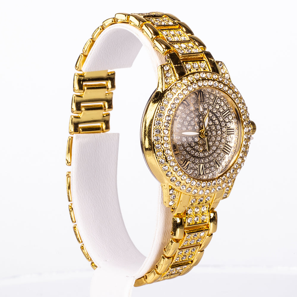 5-teiliges, goldfarbenes Emporia Schmuckset in Premium-Qualität, in einer exklusiven Geschenkbox in Lederoptik (mit Uhr, Armband, Halskette, Ohrringen und Ring, mit weißem Emporia-Kristall) 11 