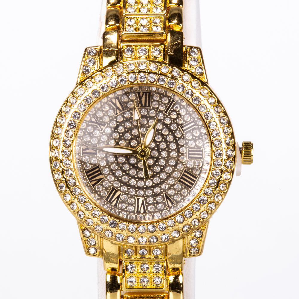 5-teiliges, goldfarbenes Emporia Schmuckset in Premium-Qualität, in einer exklusiven Geschenkbox in Lederoptik (mit Uhr, Armband, Halskette, Ohrringen und Ring, mit weißem Emporia-Kristall) 12 