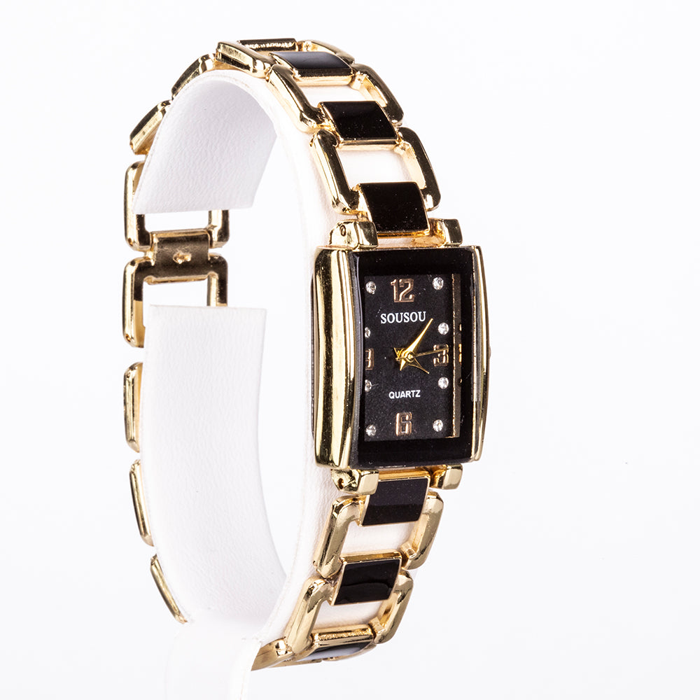 5-teiliges, goldfarbenes Emporia Schmuckset in Premium-Qualität, in einer exklusiven Geschenkbox in Lederoptik (mit Uhr, Armband, Halskette, Ohrringen und Ring, mit schwarzen und weißen Emporia-Kristallen) 2 