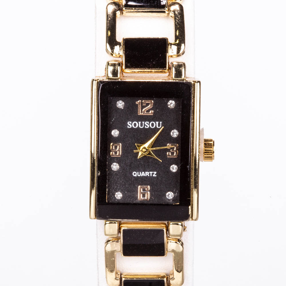 5-teiliges, goldfarbenes Emporia Schmuckset in Premium-Qualität, in einer exklusiven Geschenkbox in Lederoptik (mit Uhr, Armband, Halskette, Ohrringen und Ring, mit schwarzen und weißen Emporia-Kristallen)