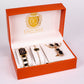 5-teiliges, goldfarbenes Emporia Schmuckset in Premium-Qualität, in einer exklusiven Geschenkbox in Lederoptik (mit Uhr, Armband, Halskette, Ohrringen und Ring, mit schwarzen und weißen Emporia-Kristallen)