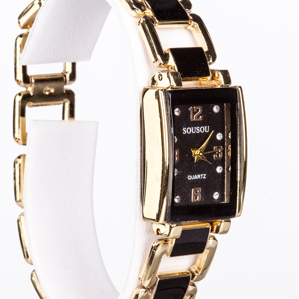 5-teiliges, goldfarbenes Emporia Schmuckset in Premium-Qualität, in einer exklusiven Geschenkbox in Lederoptik (mit Uhr, Armband, Halskette, Ohrringen und Ring, mit schwarzen und weißen Emporia-Kristallen) 12 