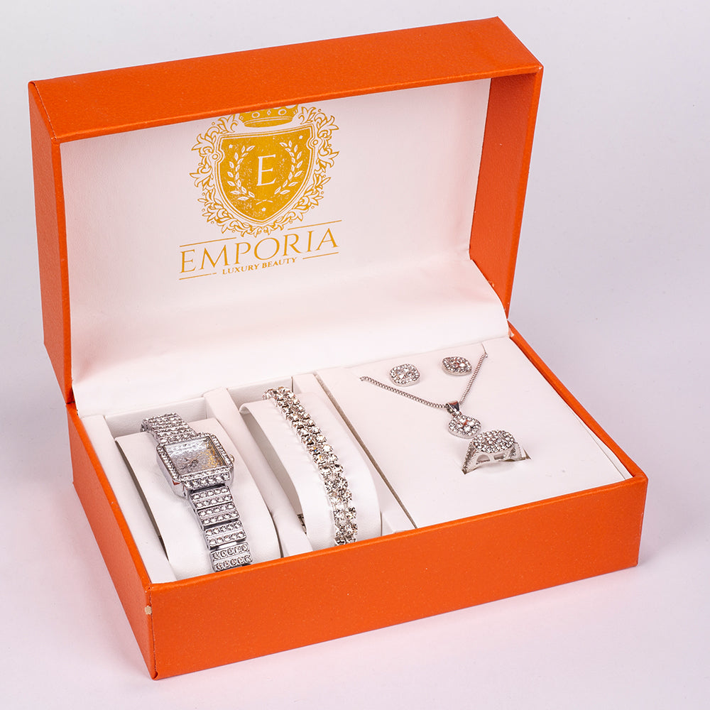 5-teiliges, silberfarbenes Emporia Schmuckset in Premium-Qualität, in einer exklusiven Geschenkbox in Lederoptik (mit Uhr, Armband, Halskette, Ohrringen und Ring, mit weißem Emporia-Kristall)