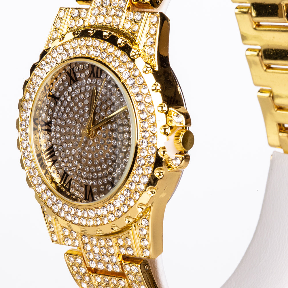4-teiliges, goldfarbenes Emporia Schmuckset in Premium-Qualität, in einer exklusiven Geschenkbox in Lederoptik (mit Uhr, Armband, breiter Halskette und einer Halskette mit Kreuzanhänger und weißem Emporia-Kristall) 2 