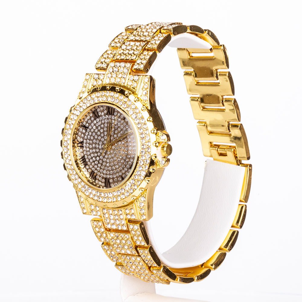 4-teiliges, goldfarbenes Emporia Schmuckset in Premium-Qualität, in einer exklusiven Geschenkbox in Lederoptik (mit Uhr, Armband, breiter Halskette und einer Halskette mit Kreuzanhänger und weißem Emporia-Kristall)