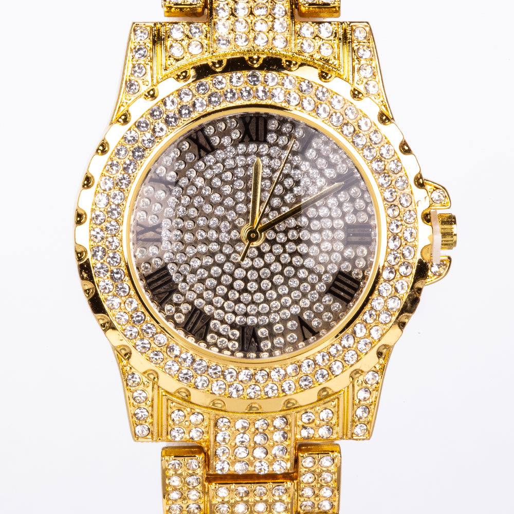 4-teiliges, goldfarbenes Emporia Schmuckset in Premium-Qualität, in einer exklusiven Geschenkbox in Lederoptik (mit Uhr, Armband, breiter Halskette und einer Halskette mit Kreuzanhänger und weißem Emporia-Kristall)