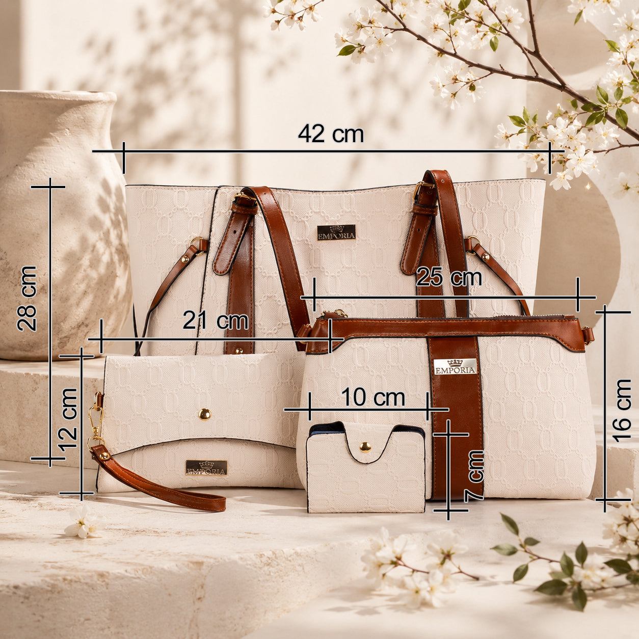 Emporia Frühjahrskollektion 2026 – „Toffee Lux“, 4-teiliges Taschenset; PU-Leder, Cremebraun