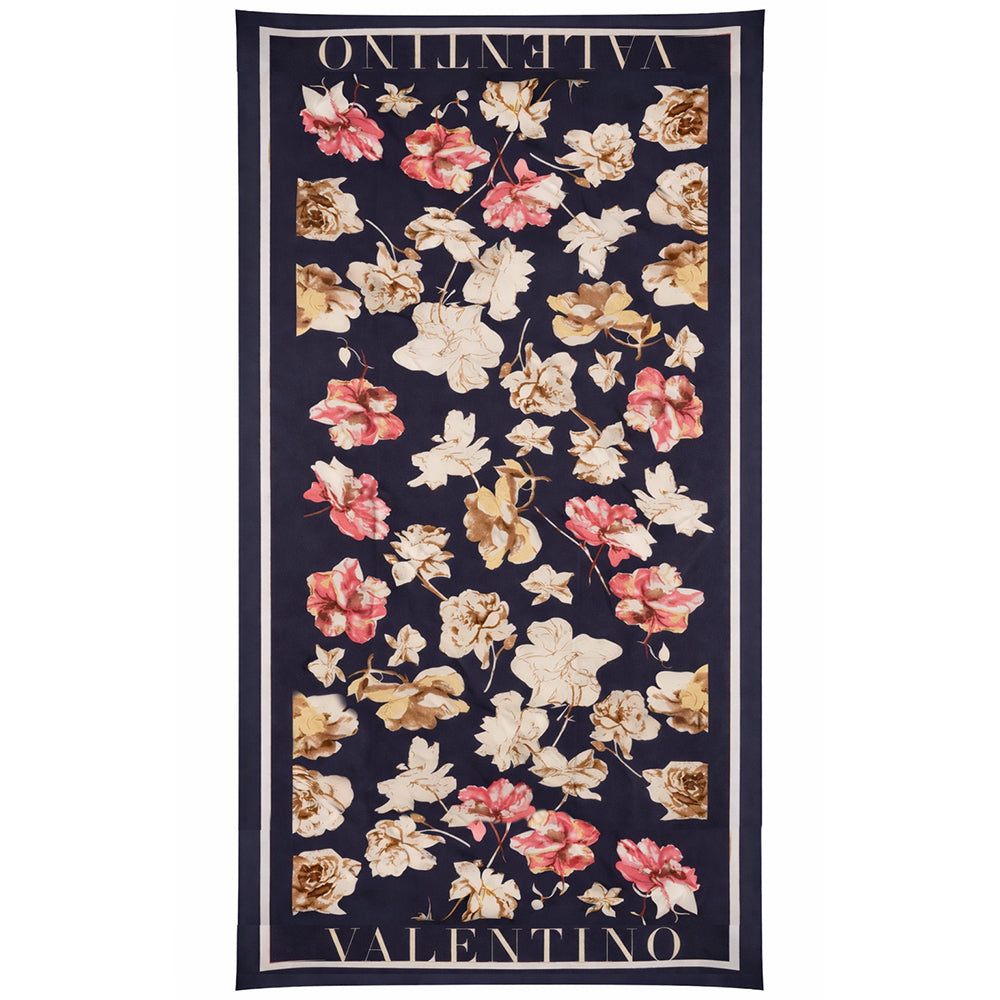 Schal mit Blumen und Schrift, blau, 85 cm x 180 cm, 100% vegane Seide 1 