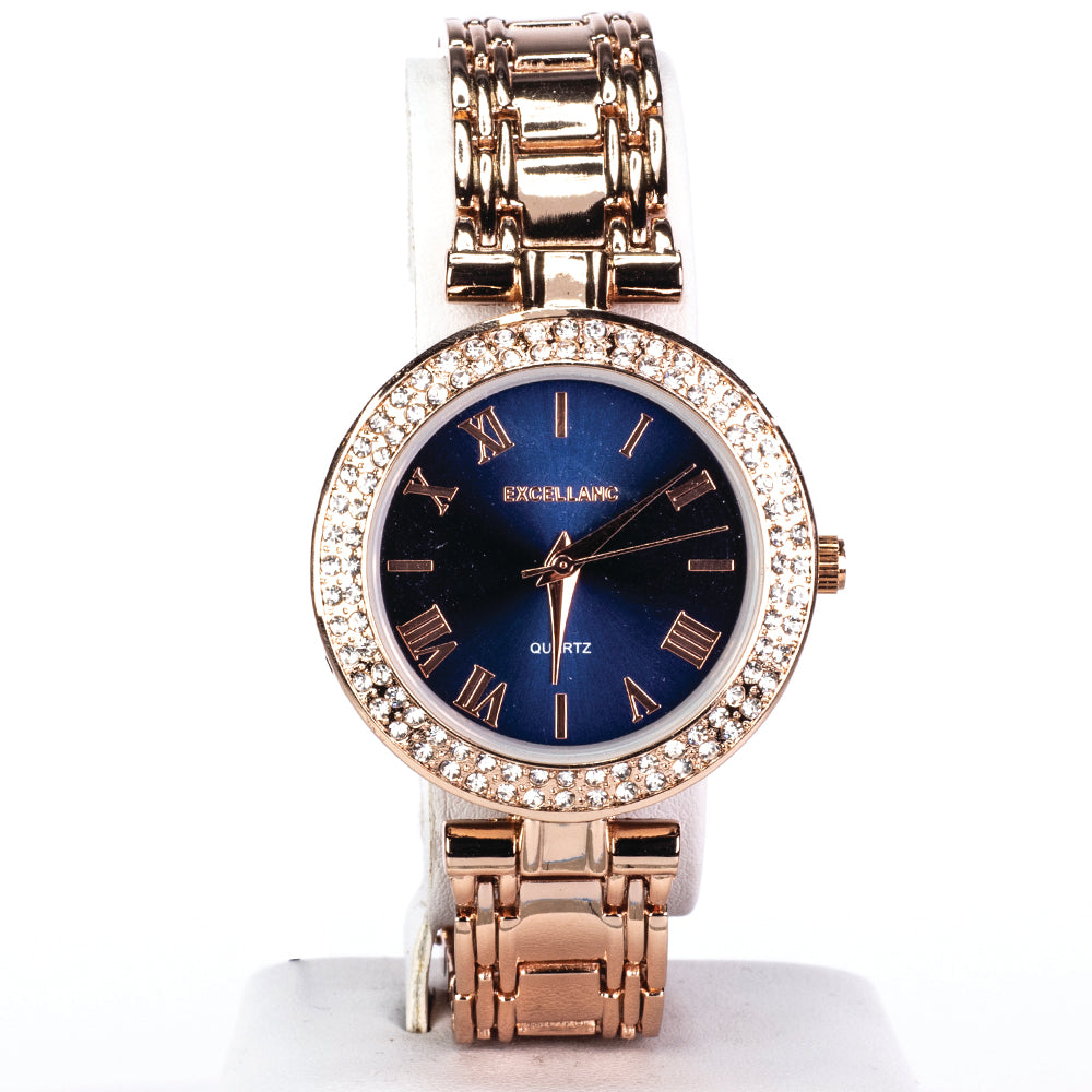 Excellanc roségoldfarbene Damenuhr mit Metallarmband und schwarzem Zifferblatt 1 