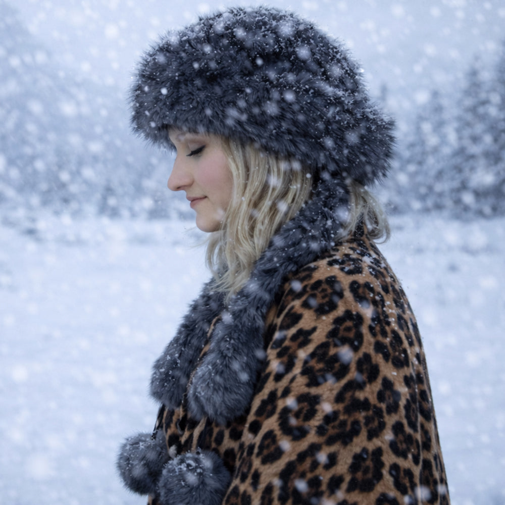 Silberfarbene Wintermütze aus Kunstfell mit Schal – Einheitsgröße 5 