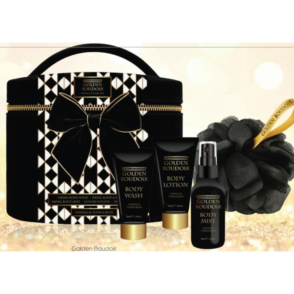 Golden Boudoir Velvet Escape Set: body wash 100ml, body lotion 100ml, body mist 100ml, Luxury Body Puff with Cool Ribbon, all in velvet barrel bag 1 